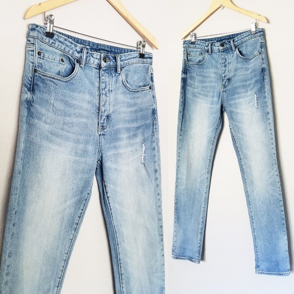 Six Week Residency Men's 32 Slim Straight Leg Jeans Distressed Light Blue $240